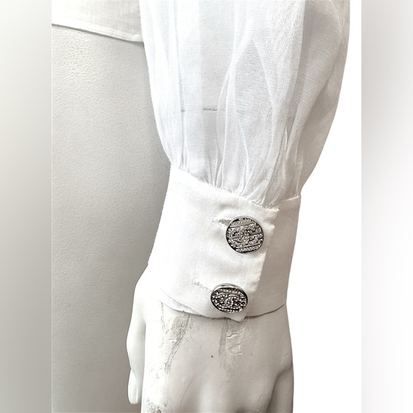 CHANEL White Silk Pleated Tuxedo Blouse CC Buttons 34 - Picture 9 of 10